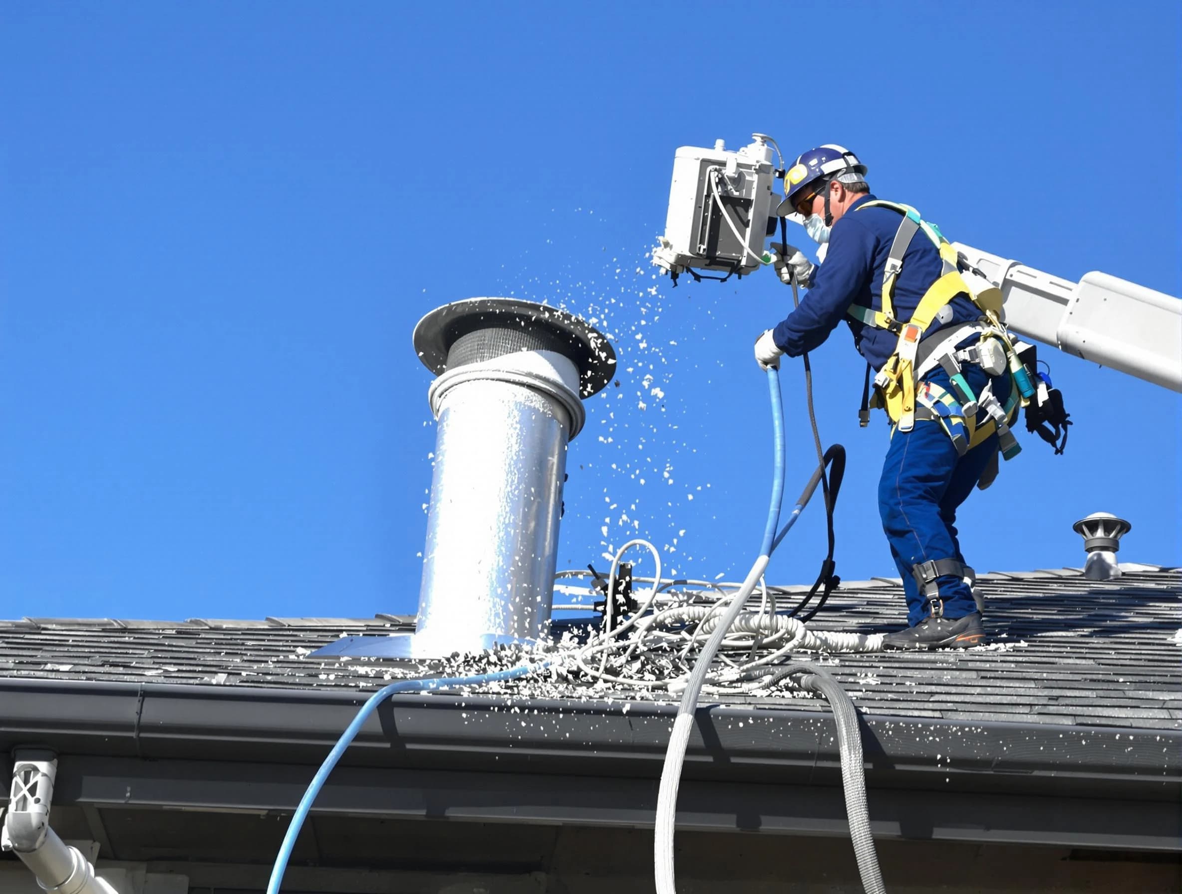 Forestdale Dryer Vent Cleaning certified technician safely cleaning a roof-mounted dryer vent in Forestdale