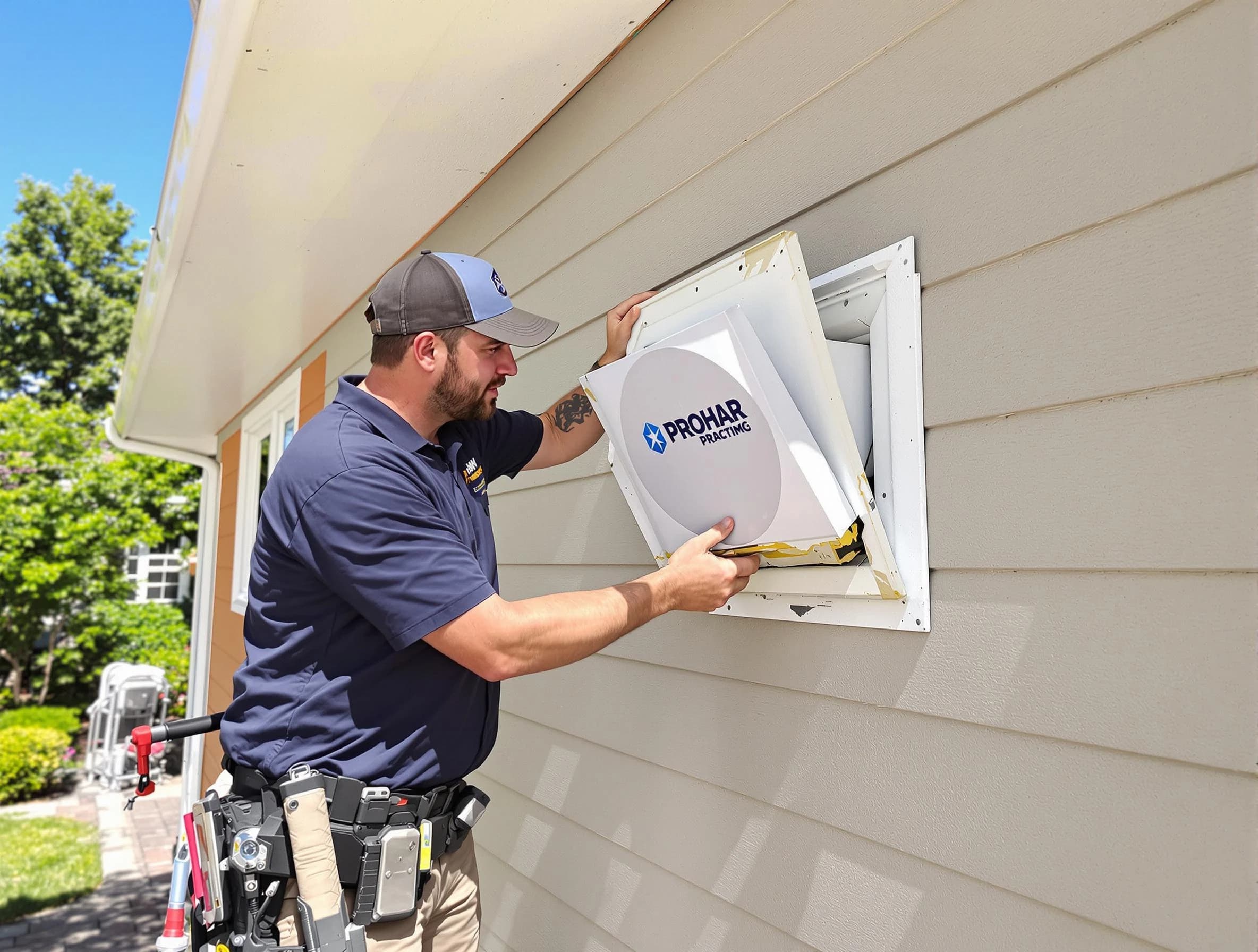 Forestdale Dryer Vent Cleaning technician installing a new protective dryer vent cover on a home in Forestdale