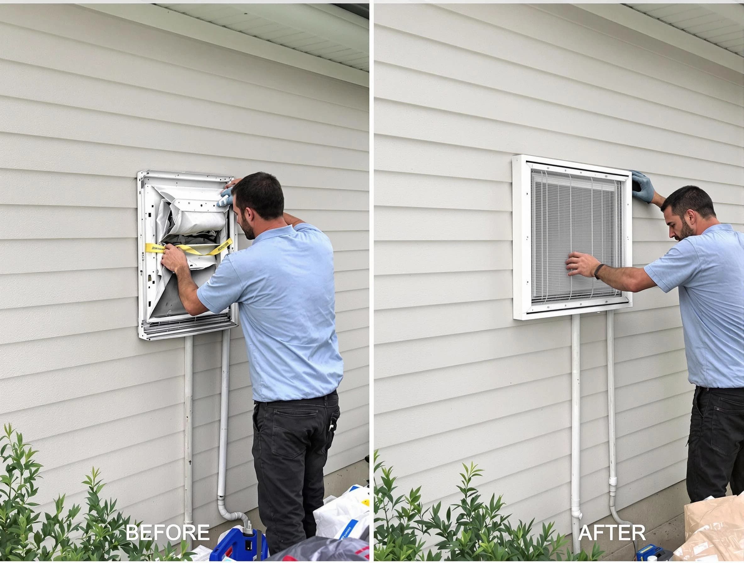 Forestdale Dryer Vent Cleaning technician installing high-quality dryer vent cover at a residential property in Forestdale