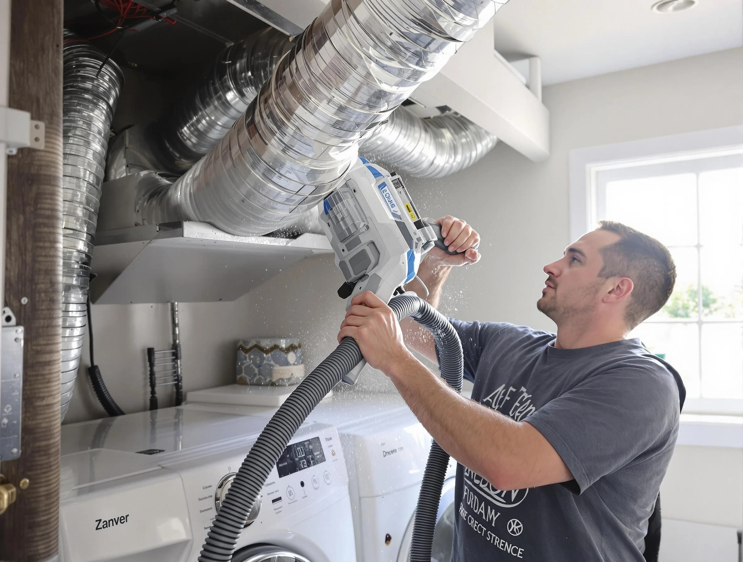 Forestdale Dryer Vent Cleaning specialist cleaning deep within a dryer vent duct system in Forestdale